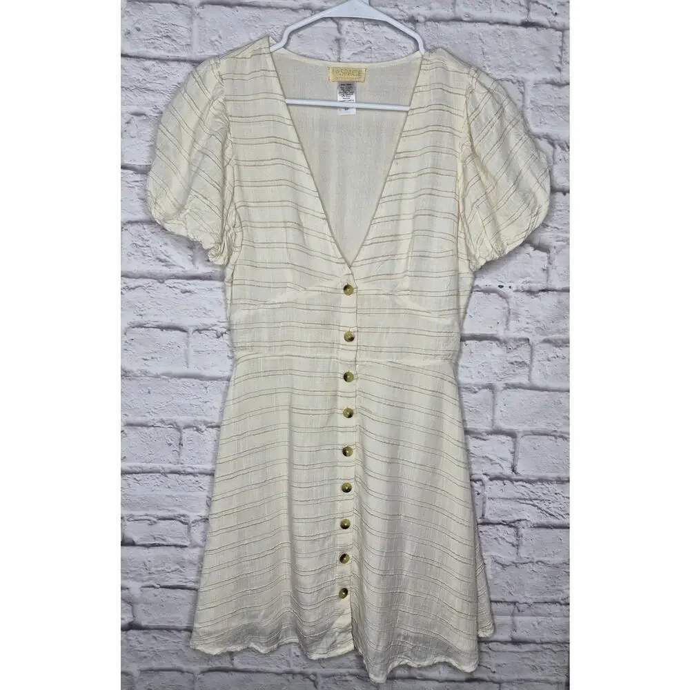 LSPACE Sabrina Puff Sleeve Mini Dress Ivory Cream Button Front Striped Size S - Picture 3 of 8